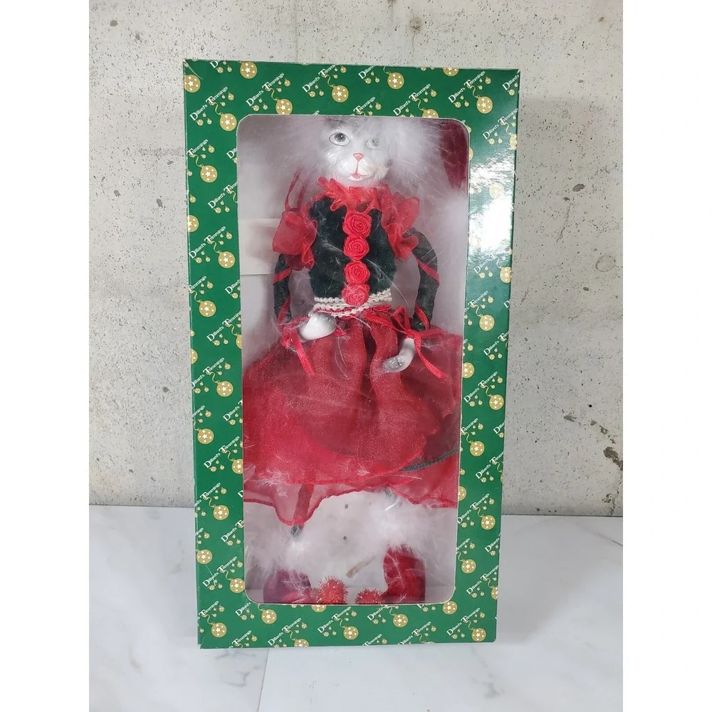 Vintage Dillards Trimmings Porcelain Cat in Red Dress‎ Christmas Decor holiday